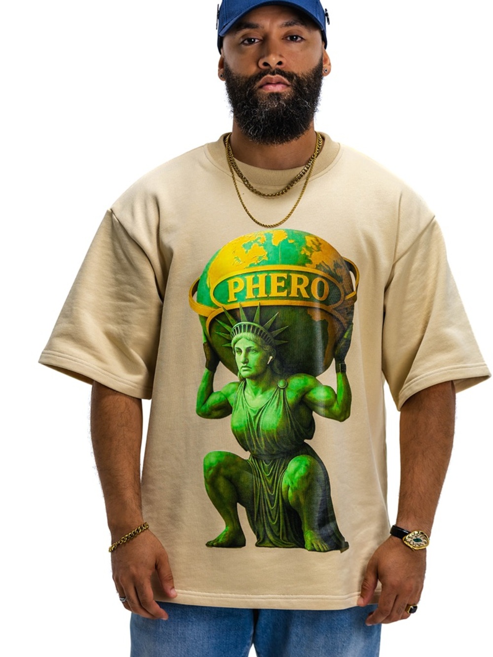 Beige Short Sleeve Graphic Tee with Green Liberty Print - Picture 2 of 8
